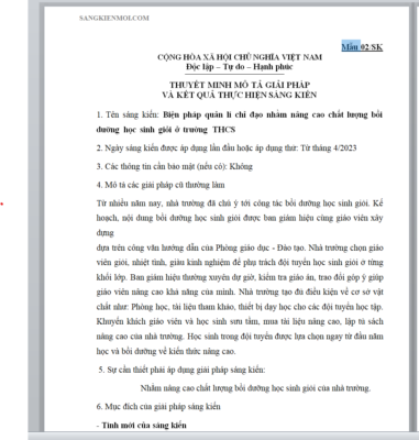WORD Biện pháp quản lí chỉ đạo nhằm nâng cao chất lượng bồi dưỡng học sinh giỏi ở trường THCS THEO CHƯƠNG TRÌNH GDPT 2018 NĂM 2024 * KHÔNG CÓ TRÊN MẠNG