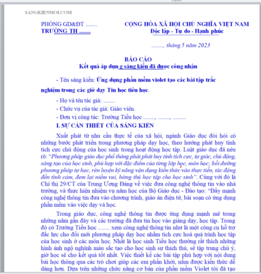 WORD SÁNG KIẾN KINH NGHIỆM Ứng dụng phần mềm violet tạo các bài tập trắc nghiệm trong các giờ dạy Tin học tiểu học THEO CHƯƠNG TRÌNH GDPT 2018 NĂM HỌC 2023-2024 * KHÔNG CÓ TRÊN MẠNG