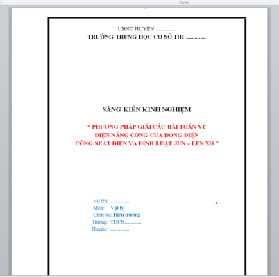 WORD SÁNG KIẾN KINH NGHIỆM “ PHƯƠNG PHÁP GIẢI CÁC BÀI TOÁN VỀ ĐIỆN NĂNG CÔNG CỦA DÒNG ĐIỆN CÔNG SUẤT ĐIỆN VÀ ĐỊNH LUẬT JUN – LEN XƠ ” NĂM 2024