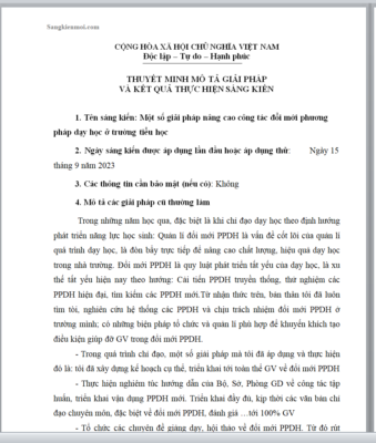 WORD SÁNG KIẾN KINH NGHIỆM Một số giải pháp nâng cao công tác đổi mới phương pháp dạy học ở trường tiểu học NĂM HỌC 2023-2024 * KHÔNG CÓ TRÊN MẠNG