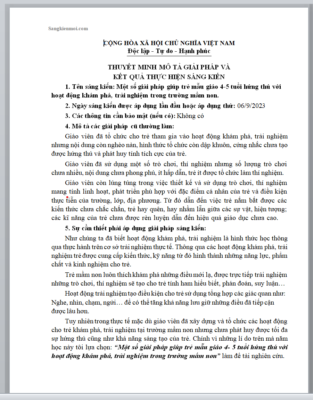 WORD Sáng kiến KINH NGHIỆM Một số giải pháp giúp trẻ mẫu giáo 4-5 tuổi hứng thú với hoạt động khám phá, trải nghiệm trong trường mầm non NĂM 2023-2024 * KHÔNG CÓ TRÊN MẠNG