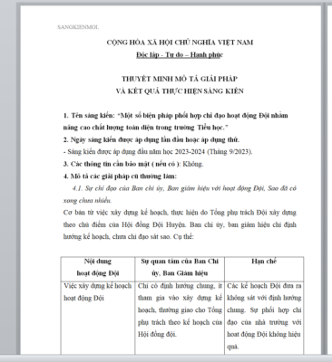 WORD Một số biện pháp phối hợp chỉ đạo hoạt động Đội nhằm nâng cao chất lượng toàn diện trong trường Tiểu học NĂM 2023-2024 * KHÔNG CÓ TRÊN MẠNG