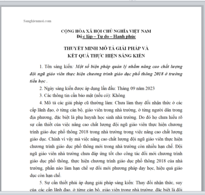 WORD SÁNG KIẾN KINH NGHIỆM Một số biện pháp quản lý nhằm nâng cao chất lượng đội ngũ giáo viên thực hiện chương trình giáo dục phổ thông 2018 ở trường tiểu học NĂM 2023-2024
