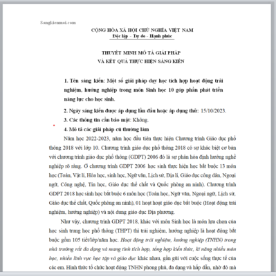 WORD SÁNG KIẾN KINH NGHIỆM Một số giải pháp dạy học tích hợp hoạt động trải nghiệm, hướng nghiệp trong môn Sinh học 10 góp phần phát triển năng lực cho học sinh THEO CHƯƠNG TRÌNH GDPT 2018 NĂM 2023-2024