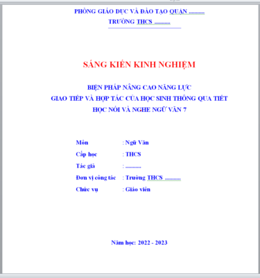 WORD SÁNG KIẾN KINH NGHIỆM BIỆN PHÁP NÂNG CAO NĂNG LỰC  GIAO TIẾP VÀ HỢP TÁC CỦA HỌC SINH THÔNG QUA TIẾT HỌC NÓI VÀ NGHE NGỮ VĂN 7 sách Kết nối tri thức với cuộc sống THEO CHƯƠNG TRÌNH GDPT 2018 NĂM 2022-2023 * KHÔNG CÓ TRÊN MẠNG