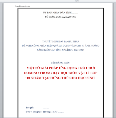 WORD SÁNG KIẾN KINH NGHIỆM MỘT SỐ GIẢI PHÁP ỨNG DỤNG TRÒ CHƠI DOMINO TRONG DẠY HỌC MÔN VẬT LÍ LỚP 10 NHẰM TẠO HỨNG THÚ CHO HỌC SINH SÁCH KẾT NỐI TRI THỨC THEO CHƯƠNG TRÌNH GDPT 2018 NĂM 2024