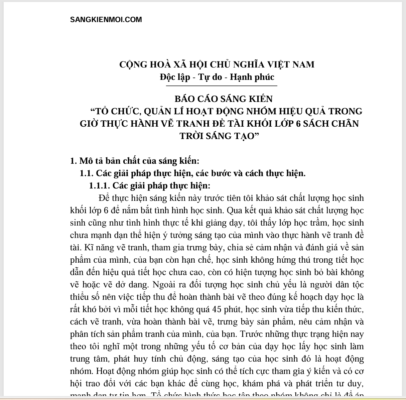 WORD BÁO CÁO SÁNG KIẾN “TỔ CHỨC, QUẢN LÍ HOẠT ĐỘNG NHÓM HIỆU QUẢ TRONG GIỜ THỰC HÀNH VẼ TRANH ĐỀ TÀI KHỐI LỚP 6 SÁCH CHÂN TRỜI SÁNG TẠO” NĂM 2022-2023 * KHÔNG CÓ TRÊN MẠNG