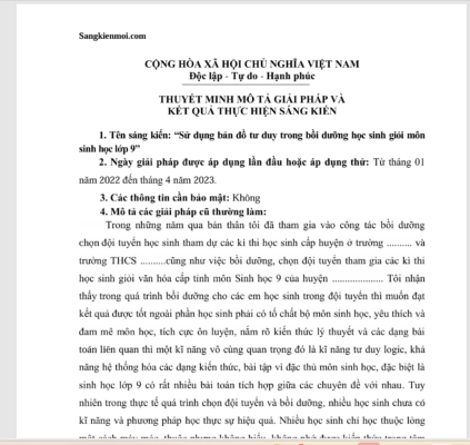 WORD SÁNG KIẾN KINH NGHIỆM “Sử dụng bản đồ tư duy trong bồi dưỡng học sinh giỏi môn sinh học lớp 9” NĂM 2022-2023 * KHÔNG CÓ TRÊN MẠNG