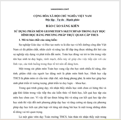 WORD BÁO CÁO SÁNG KIẾN SỬ DỤNG PHẦN MỀM GEOMETER’S SKETCHPAD TRONG DẠY HỌC HÌNH HỌC BẰNG PHƯƠNG PHÁP TRỰC QUAN CẤP THCS NĂM 2022-2023 * SÁCH KẾT NỐI TRI THỨC