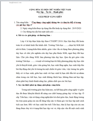WORD SÁNG KIẾN KINH NGHIỆM Ứng dụng công nghệ thông tin và chuyển đổi số trong các giờ học lớp 4 SÁCH KẾT NỐI TRI THỨC NĂM 2023-2024 * THEO CHƯƠNG TRÌNH GDPT 2018 KHÔNG CÓ TRÊN MẠNG