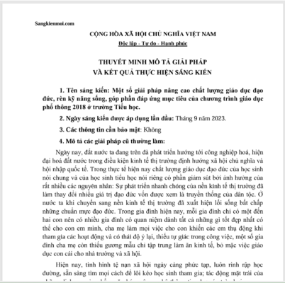 WORD Một số giải pháp nâng cao chất lượng giáo dục đạo đức, rèn kỹ năng sống, góp phần đáp ứng mục tiêu của chương trình giáo dục phổ thông 2018 ở trường Tiểu học NĂM 2023-2024 * KHÔNG CÓ TRÊN MẠNG