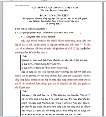 WORD SÁNG KIẾN KINH NGHIỆM “Sử dụng các phương pháp dạy học tích cực để chọn lọc và giải quyết  các bài toán tình huống thực tế trong môn Toán lớp 6 tại trường THCS” NĂM 2022-2023 *  KHÔNG CÓ TRÊN MẠNG