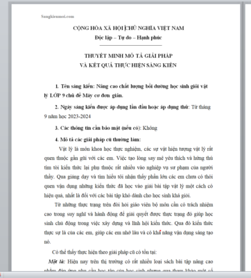 WORD SÁNG KIẾN KINH NGHIỆM Nâng cao chất lượng bồi dưỡng học sinh giỏi vật lý LỚP 9 chủ đề Máy cơ đơn giản năm 2023-2024 * KHÔNG CÓ TRÊN MẠNG