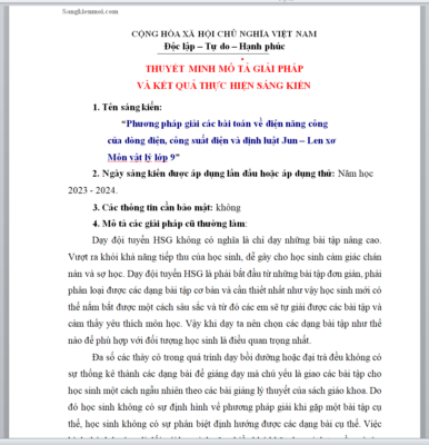 WORD SÁNG KIẾN KINH NGHIỆM “Phương pháp giải các bài toán về điện năng công của dòng điện, công suất điện và định luật Jun – Len xơ Môn vật lý lớp 9” NĂM 2023-2024 * KHÔNG CÓ TRÊN MẠNG