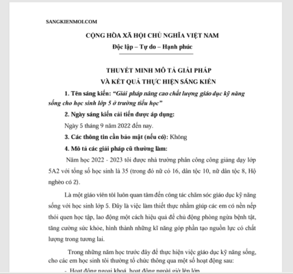 WORD SÁNG KIẾN KINH NGHIỆM “Giải pháp nâng cao chất lượng giáo dục kỹ năng sống cho học sinh lớp 5 ở trường tiểu học” NĂM 2023 *KHÔNG CÓ TRÊN MẠNG