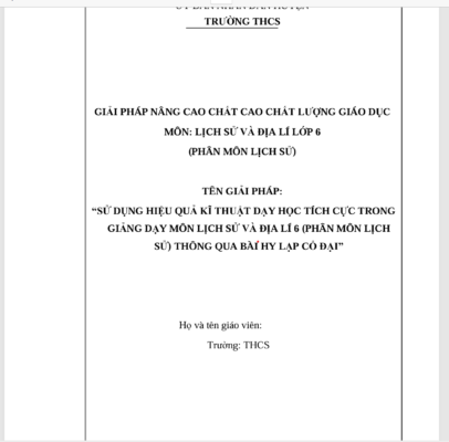 WORD “SỬ DỤNG HIỆU QUẢ KĨ THUẬT DẠY HỌC TÍCH CỰC TRONG GIẢNG DẠY MÔN LỊCH SỬ VÀ ĐỊA LÍ 6 (PHÂN MÔN LỊCH SỬ) THÔNG QUA BÀI HY LẠP CỔ ĐẠI” SÁCH CHÂN TRỜI SÁNG TẠO NĂM 2024