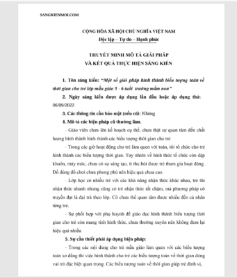 WORD “Một số giải pháp hình thành biểu tượng toán về thời gian cho trẻ lớp mẫu giáo 5 – 6 tuổi  trường mầm non” NĂM 2022-2023 * KHÔNG CÓ TRÊN MẠNG