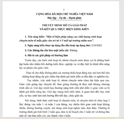 WORD Một số biện pháp nâng cao chất lượng sinh hoạt chuyên môn tổ mẫu giáo cho trẻ từ 4-5 tuổi tại trường mầm non năm 2023-2024 * KHÔNG CÓ TRÊN MẠNG