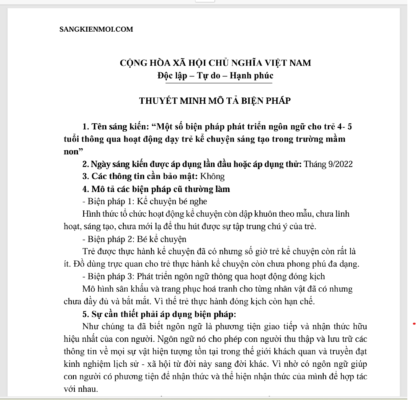 WORD  “Một số biện pháp phát triển ngôn ngữ cho trẻ 4- 5 tuổi thông qua hoạt động dạy trẻ kể chuyện sáng tạo trong trường mầm non” NĂM 2022-2023 * KHÔNG CÓ TRÊN MẠNG
