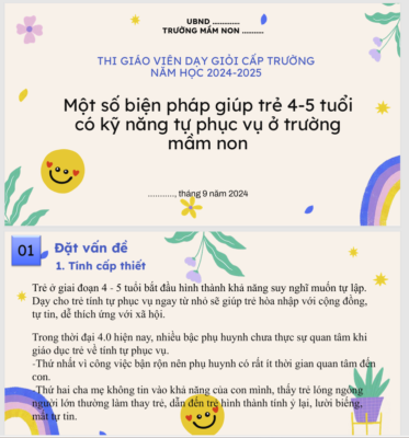 POWERPOINT BÁO CÁO Một số biện pháp giúp trẻ 4-5 tuổi có kỹ năng tự phục vụ ở trường mầm non năm 2024-2025 * CHUẨN ĐẸP