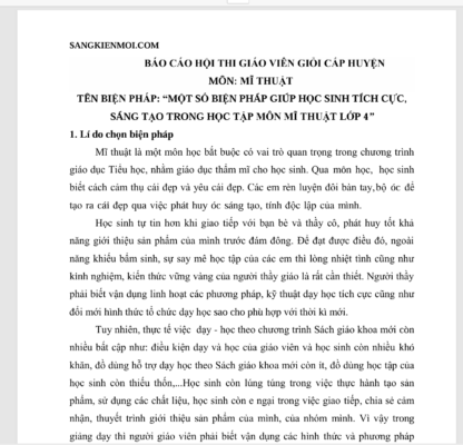 WORD biện pháp “Một số biện pháp giúp học sinh tích cực, sáng tạo trong học tập môn Mĩ thuật lớp 4” sách CHÂN TRỜI SÁNG TẠO NĂM 2023-2024
