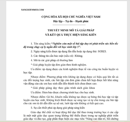 WORD SÁNG KIẾN KINH NGHIỆM Nghiên cứu một số bài tập duy trì phát triển sức bền tốc độ trong chạy cự ly ngắn đối với học sinh lớp 5 NĂM 2023-2024 * KHÔNG CÓ TRÊN MẠNG