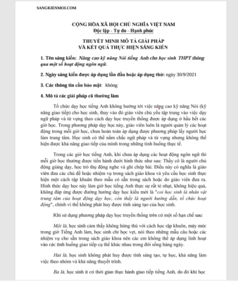 WORD Giải pháp Nâng cao kỹ năng Nói tiếng Anh cho học sinh THPT thông qua một số hoạt động ngôn ngữ NĂM 2021-2022 * KHÔNG CÓ TRÊN MẠNG