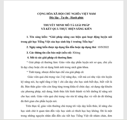 WORD  “Giải pháp nâng cao hiệu quả hoạt động luyện nói trong giờ học Tiếng Việt của học sinh lớp 1 trường Tiểu học” sách kết nối tri thức NĂM 2022-2023 CHƯƠNG TRÌNH GDPT 2018 * KHÔNG CÓ TRÊN MẠNG
