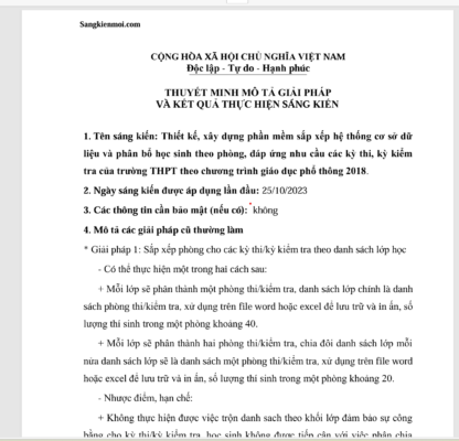 WORD Thiết kế, xây dựng phần mềm sắp xếp hệ thống cơ sở dữ liệu và phân bổ học sinh theo phòng, đáp ứng nhu cầu các kỳ thi, kỳ kiểm tra của trường THPT theo chương trình giáo dục phổ thông 2018 năm 2023-2024