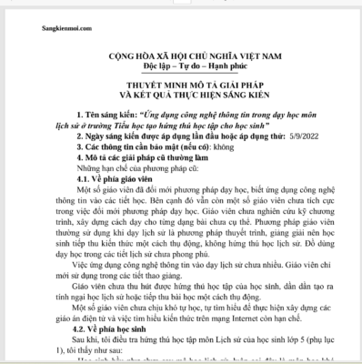 WORD Ứng dụng công nghệ thông tin trong dạy học môn lịch sử ở trường Tiểu học tạo hứng thú học tập cho học sinh NĂM 2022-2023 * KHÔNG CÓ TRÊN MẠNG