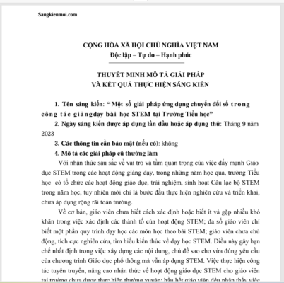 WORD “Một số giải pháp ứng dụng chuyển đổi số trong công tác giảng dạy bài học STEM tại Trường Tiểu học” năm 2023-2024 * KHÔNG CÓ TRÊN MẠNG