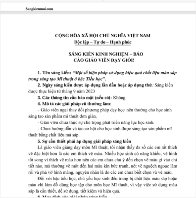 WORD Một số biện pháp sử dụng hiệu quả chất liệu màu sáp trong sáng tạo mĩ thuật ở bậc tiểu học năm 2024-2025 * KHÔNG CÓ TRÊN MẠNG