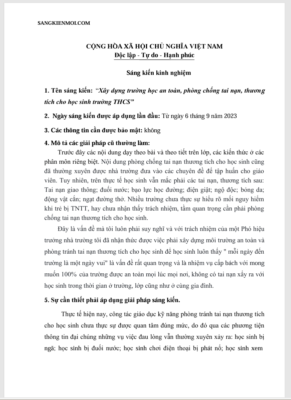 WORD SÁNG KIẾN KINH NGHIỆM “Xây dựng trường học an toàn, phòng chống tai nạn, thương tích cho học sinh trường THCS” NĂM 2023 – 2024 * KHÔNG CÓ TRÊN MẠNG