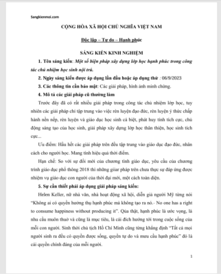 WORD Sáng kiến kinh nghiệm giáo viên chủ nhiệm giỏi thpt: Một số biện pháp xây dựng lớp học hạnh phúc trong công tác chủ nhiệm học sinh nội trú năm 2023-2024 * KHÔNG CÓ TRÊN MẠNG *( GỒM ẢNH BÌA, PHỤ LỤC)