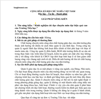 WORD  Sáng kiến: “Kinh nghiệm chỉ đạo chuyên môn đạt hiệu quả cao của Trường Tiểu học.” năm 2022-2023 * KHÔNG CÓ TRÊN MẠNG
