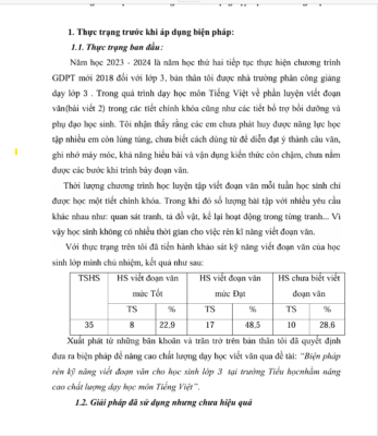 WORD Biện pháp rèn kỹ năng viết đoạn văn cho học sinh lớp 3 tại trường Tiểu học nhằm nâng cao chất lượng dạy học môn Tiếng Việt sách kết nối tri thức năm 2024-2025