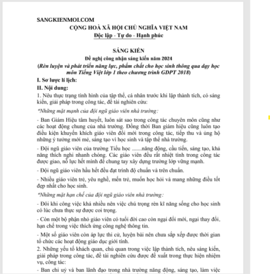 WORD Sáng kiến kinh nghiệm“Rèn luyện và phát triển năng lực, phẩm chất cho học sinh thông qua dạy học môn Tiếng Việt lớp 1 theo chương trình GDPT 2018.” sách kết nối tri thức năm 2024-2025