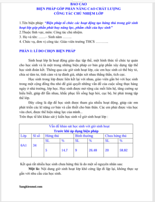 WORD “Biện pháp tổ chức các hoạt động tạo hứng thú trong giờ sinh hoạt lớp góp phần phát huy năng lực, phẩm chất của học sinh” THCS NĂM 2023 * ĐẠT GIẢI TỈNH