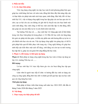 WORD Ứng dụng công nghệ trong dạy học để nâng cao kỹ năng thực hiện phép trừ trong phạm vi 10 cho học sinh lớp 1 NĂM 2024-2025