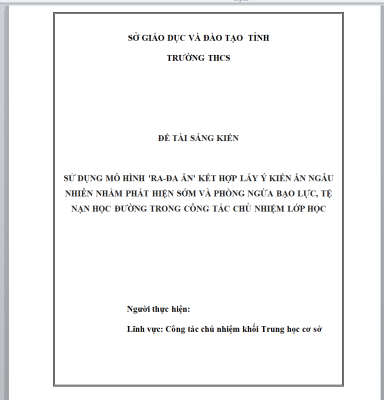 WORD Sáng kiến kinh nghiệm công tác chủ nhiệm lớp thcs CHỦ ĐỀ: CÁC BIỆN PHÁP PHÁT HIỆN SỚM VÀ PHÒNG NGỪA BẠO LỰC, TỆ NẠN HỌC ĐƯỜNG TRONG CÔNG TÁC CHỦ NHIỆM LỚP HỌC NĂM 2025-2026