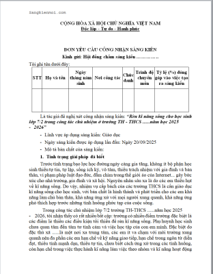 WORD Sáng kiến kinh nghiệm giáo dục kỹ năng sống cho học sinh lớp 7 CHỦ ĐỀ: RÈN KỸ NĂNG SỐNG TRONG CÔNG TÁC CHỦ NHIỆM NĂM 2025-2026