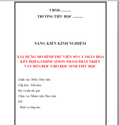 WORD Sáng kiến kinh nghiệm về thư viện trường tiểu học CHỦ ĐỀ: XÂY DỰNG MÔ HÌNH THƯ VIỆN SỐ HÓA CÁ NHÂN NĂM 2026