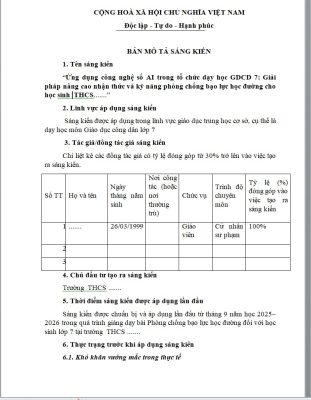 WORD SÁNG KIẾN KINH NGHIỆM MÔN GIÁO DỤC CÔNG DÂN LỚP 7 NĂM 2026 CHỦ ĐỀ: Ứng dụng công nghệ số AI