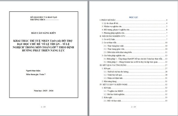 WORD Sáng kiến kinh nghiệm toán 7 chương trình mới năm 2026 CHỦ ĐỀ: KHAI THÁC ỨNG DỤNG TRÍ TUỆ NHÂN TẠO AI