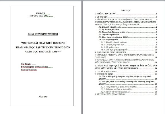 WORD Sáng kiến kinh nghiệm môn giáo dục thể chất cấp tiểu học LỚP 4 NĂM 2025-2026 CHỦ ĐỀ: GIÚP HỌC SINH THAM GIA TÍCH CỰC