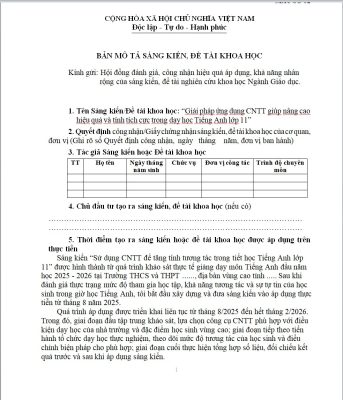 WORD Sáng kiến kinh nghiệm tiếng anh 11 global success NĂM 2026 CHỦ ĐỀ: Ứng dụng CNTT , nâng cao tính tích cực học tập cho học sinh