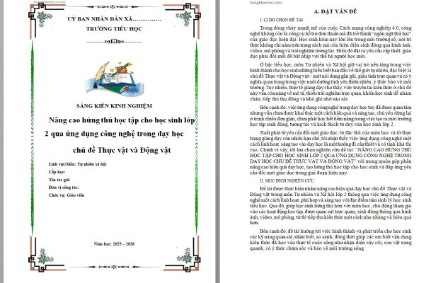 WORD Sáng kiến kinh nghiệm môn tự nhiên xã hội lớp 2 NĂM 2026 CHỦ ĐỀ: ỨNG DỤNG CÔNG NGHỆ TRONG DẠY HỌC