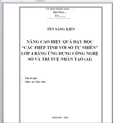 WORD Sáng kiến kinh nghiệm lớp 4 môn toán mới nhất NĂM 2026: CHỦ ĐỀ ỨNG DỤNG TRÍ TUỆ NHÂN TẠO (AI) SÁCH CHÂN TRỜI SÁNG TẠO